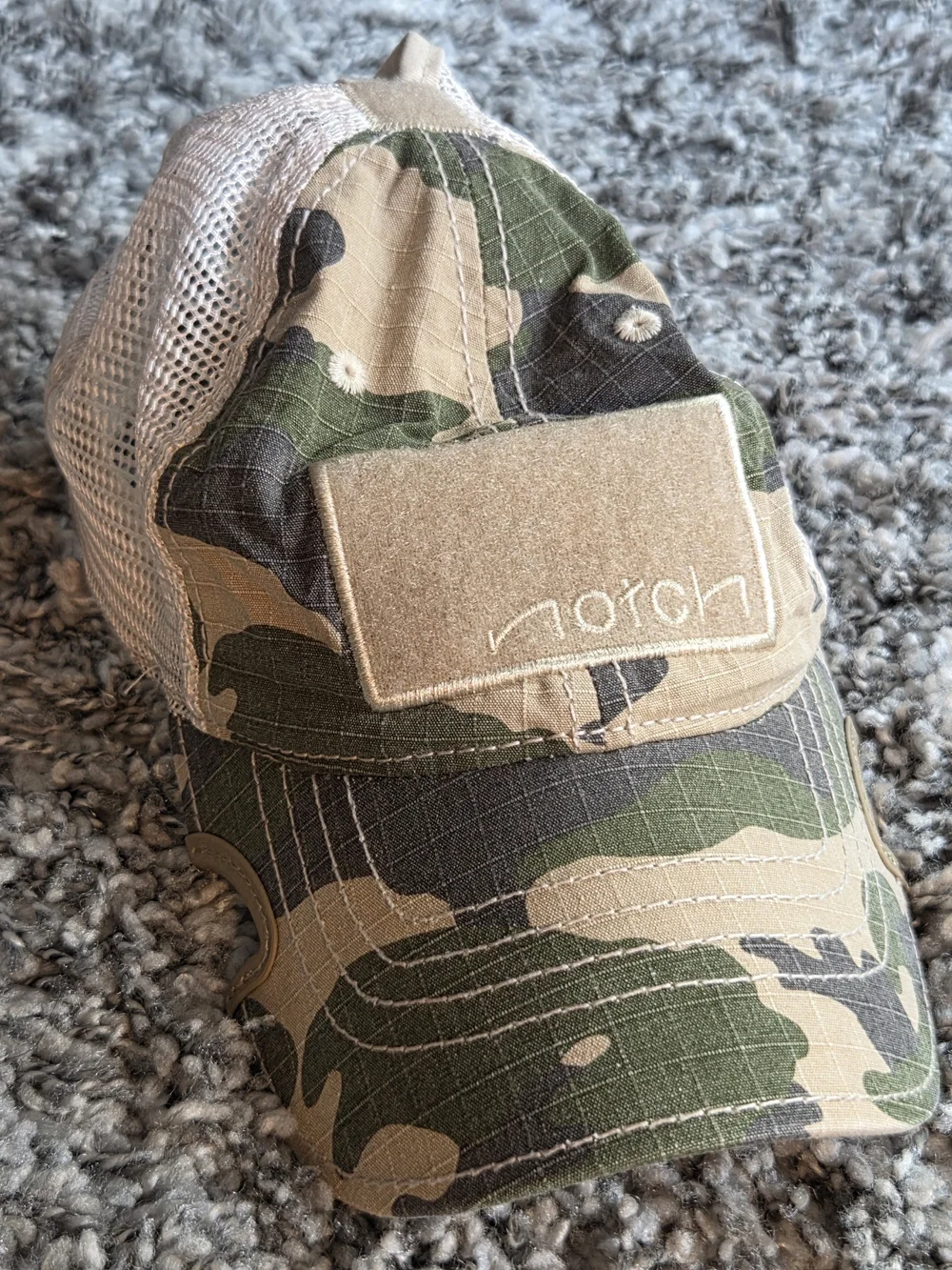 Notch Womens Camo Trucker Cap With Ponytail Hole - Green/Tan